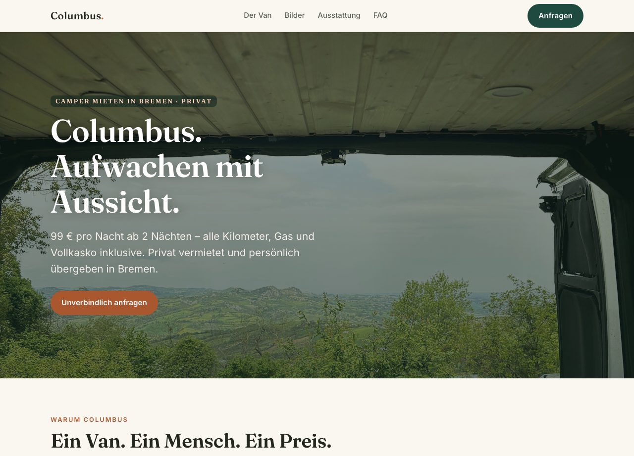 Arbeitsbeispiel: Columbus-Website für eine Campervermietung.